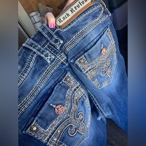 Rock Revival Dark Blue Embellished Jeans 27 Vaness Denim Rocker Casual Jeans